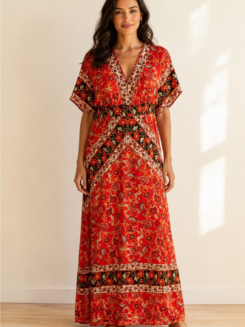 Red Floral V-Neck Maxi Dress